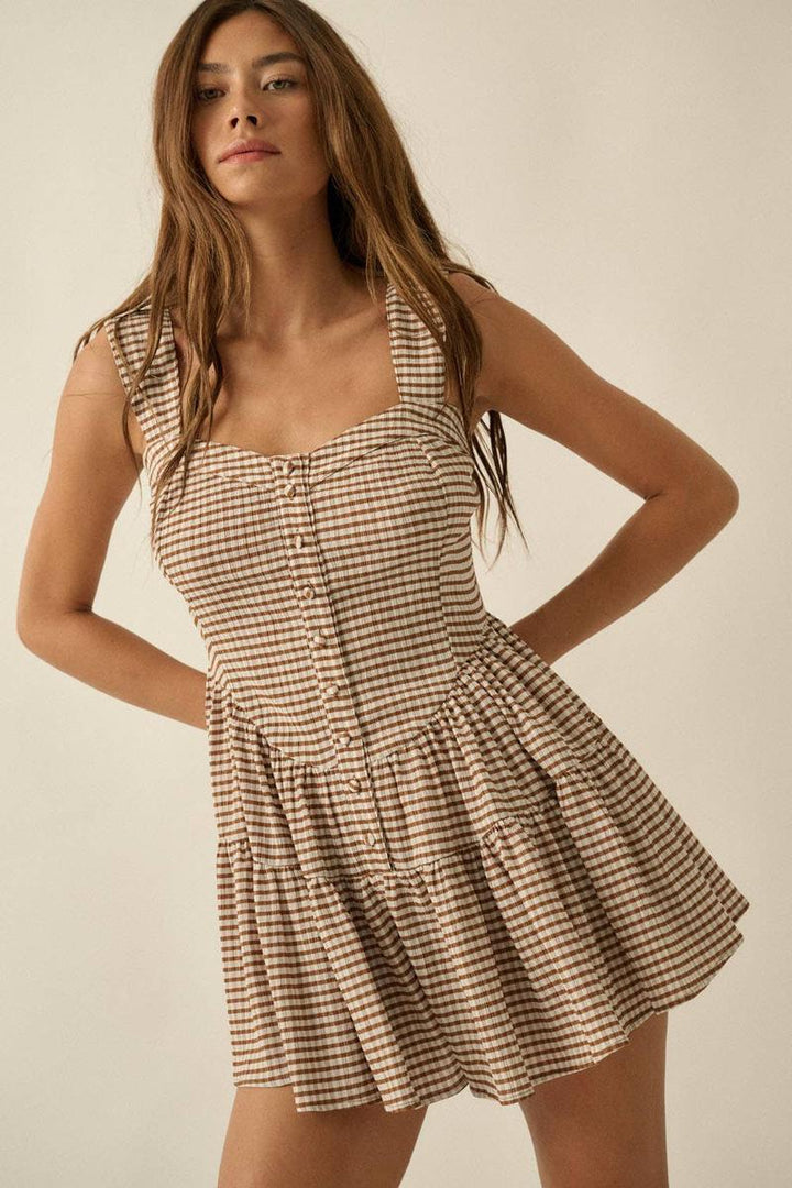 Promesa USA - Gingham Sleeveless Fit-and-Flare Tiered Ruffle Romper in Brown