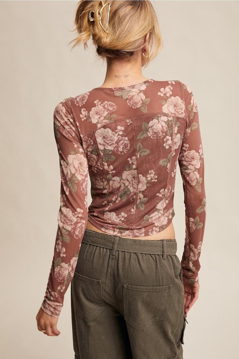 Listicle - Floral Mesh Long Sleeve Layering Top in Red Bean