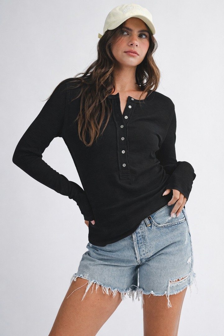 AEMI + CO - Henley Long Sleeve Top in Black