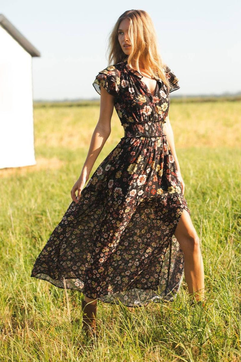 Lovestitch - Ruffle Sleeve Smocked Waist Maxi Dress in Black Combo