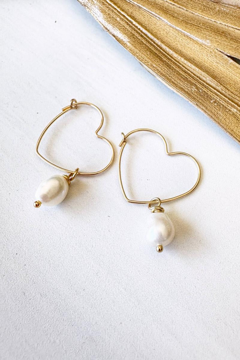 Quinn Sharp - Gold Filled Heart Hoops Freshwater Pearl Drop Earrings in 14k Gold Fill