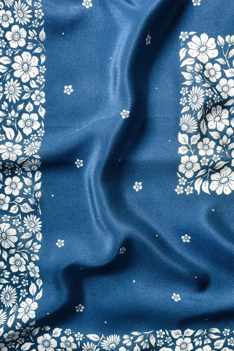 Flora West Design - 100% Silk Bandana Scarf -Santorini Floral China Blue Western