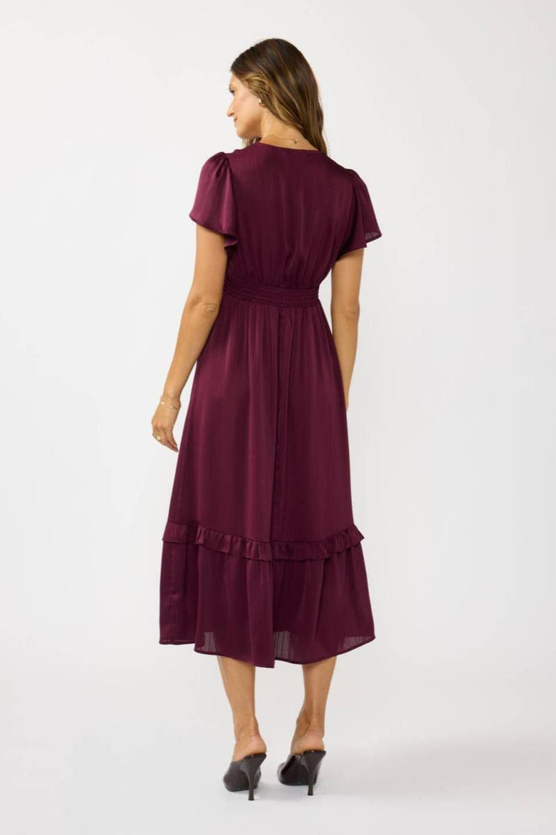 Lovestitch - Flutter Sleeve V-Neck Midi Dress in Merlot