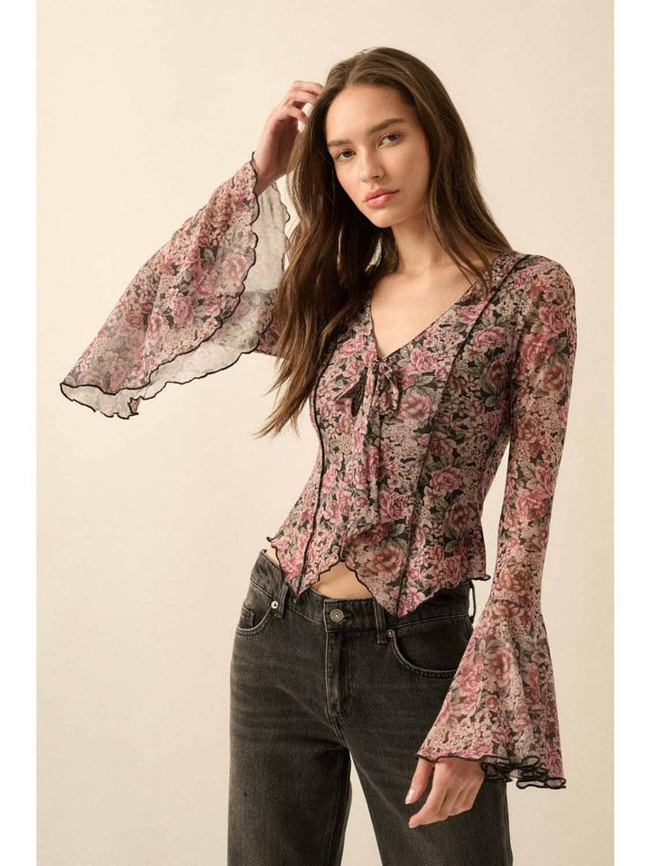 Promesa USA - Floral-Print Mesh Tie-Neck Bell-Sleeve Top in Black