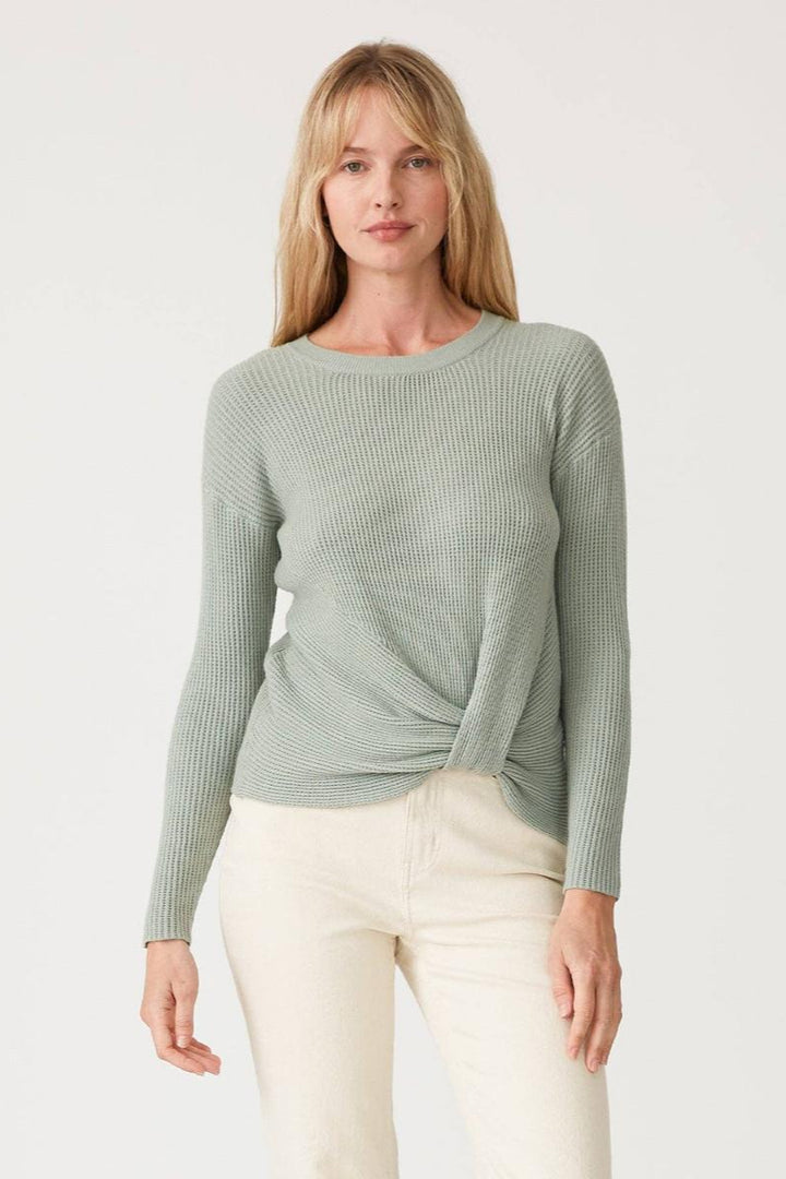 Lovestitch - Waffle Knit Crew Neck Front Knot Pullover Sweater in Dusty Sage