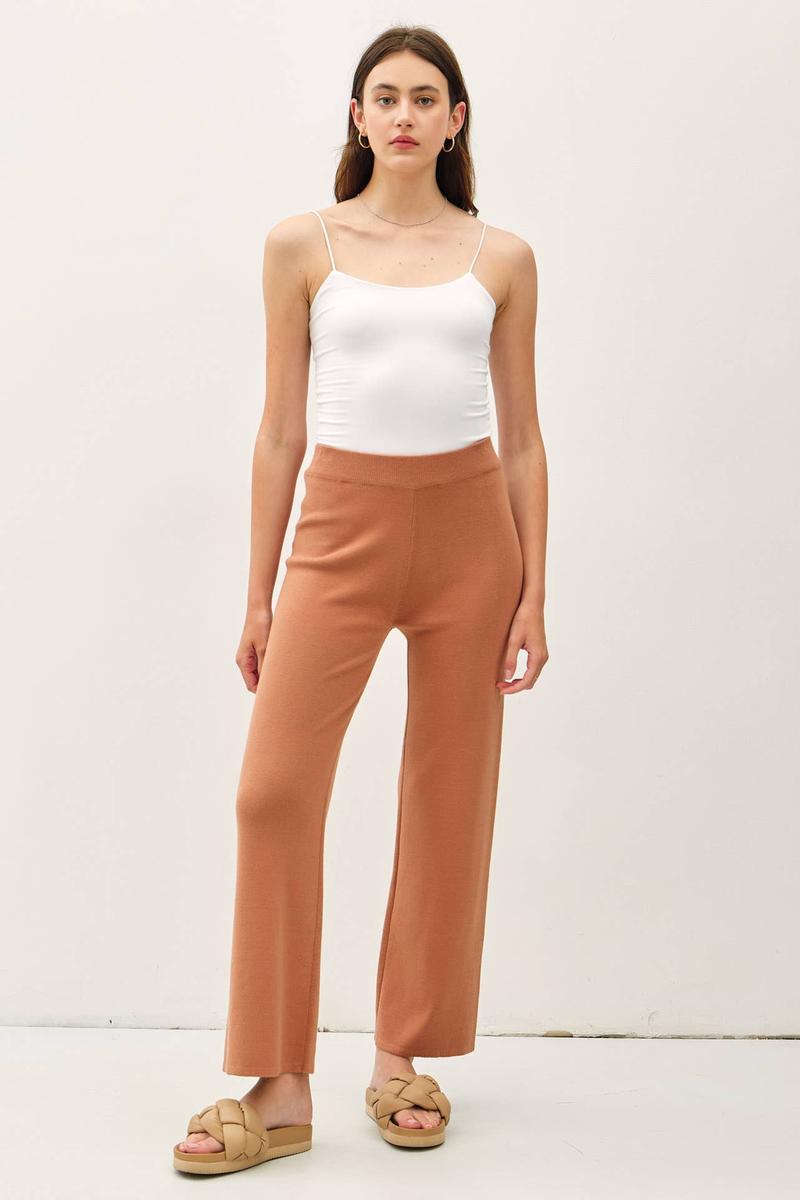 Be Cool - High Rise Elastic Waist Ribbed Knit Pants in Hazelnut