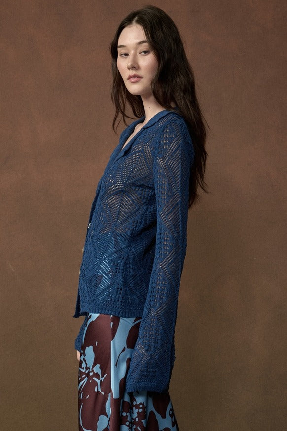 Promesa USA - Solid Geometric-Pointelle Bell-Sleeve Cardigan