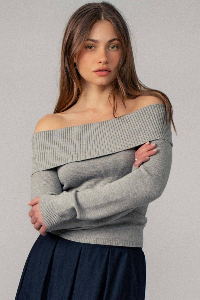 Urban Daizy - Ribbed Off-Shoulder Long Sleeve Sweater in Heather Grey