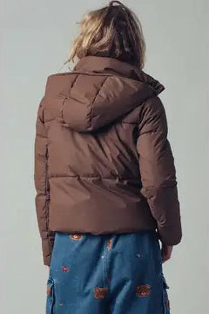 Urban Daizy - Cozy Drawstring Hooded Puffer Jacket in Chocolate