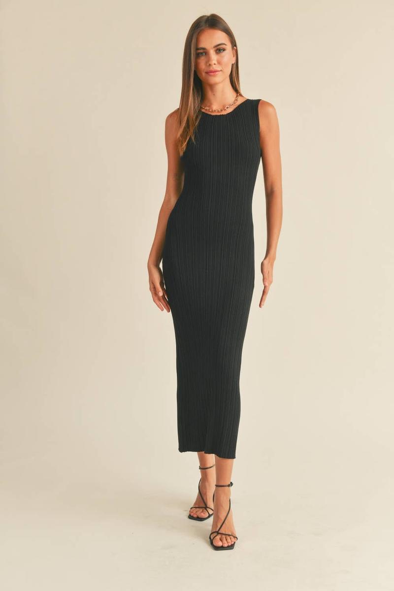 Miou Muse - Striped Rib Knit Midi Dress in Black