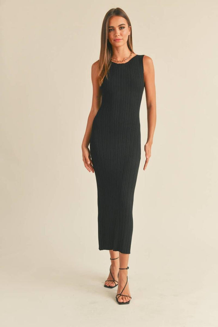 Miou Muse - Striped Rib Knit Midi Dress in Black