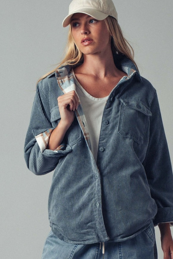 Urban Daizy - Plaid Lined Corduroy Flannel Shacket