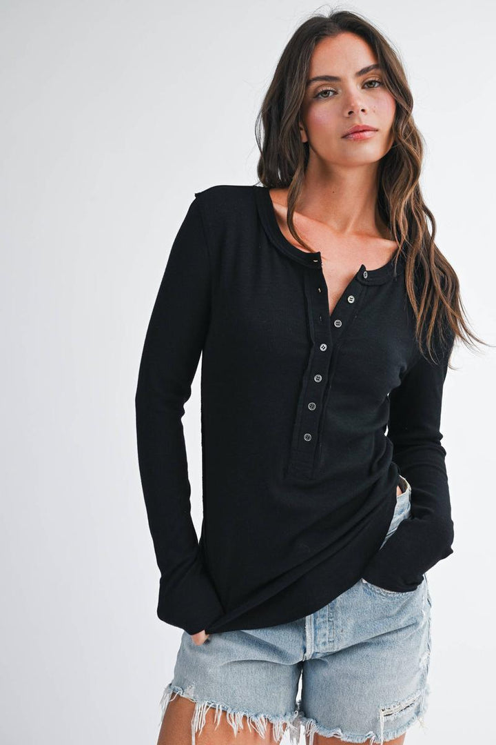 AEMI + CO - Henley Long Sleeve Top in Black