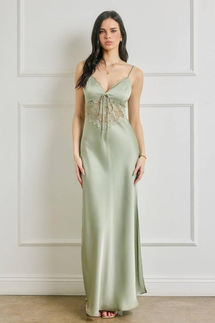 Dress Forum - Dull Satin Lace Detail Maxi Dress in Light Sage