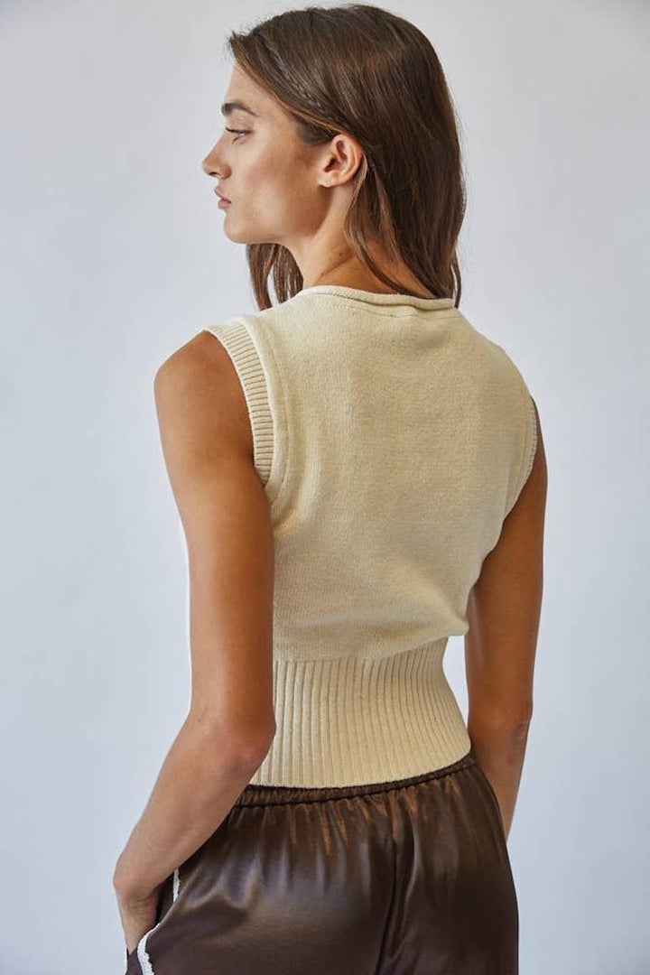 Creamon - Natural Roll Up Neck Sweater Vest Top