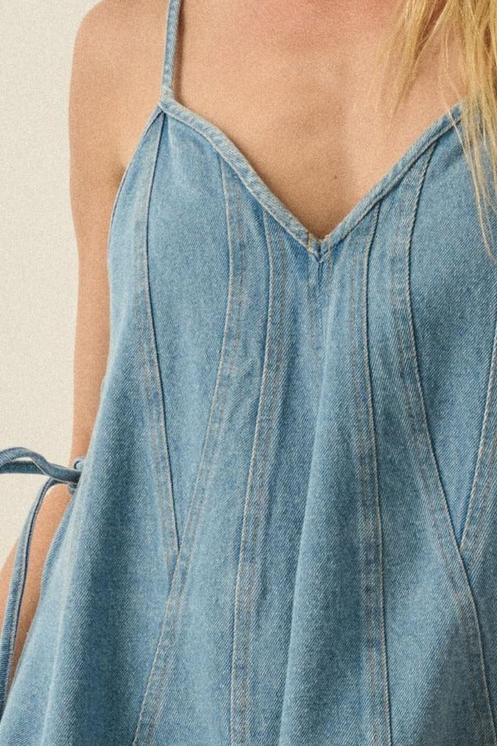 Promesa USA - Denim Paneled A-Line Side-Tie Babydoll Pocket Mini Dress in Denim Blue