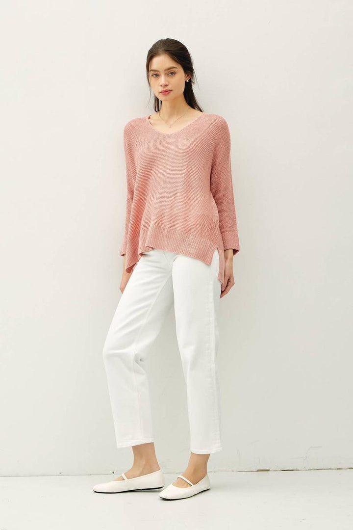 Be Cool - V-Neck Dolman Cuff Sleeve Sweater in Blush