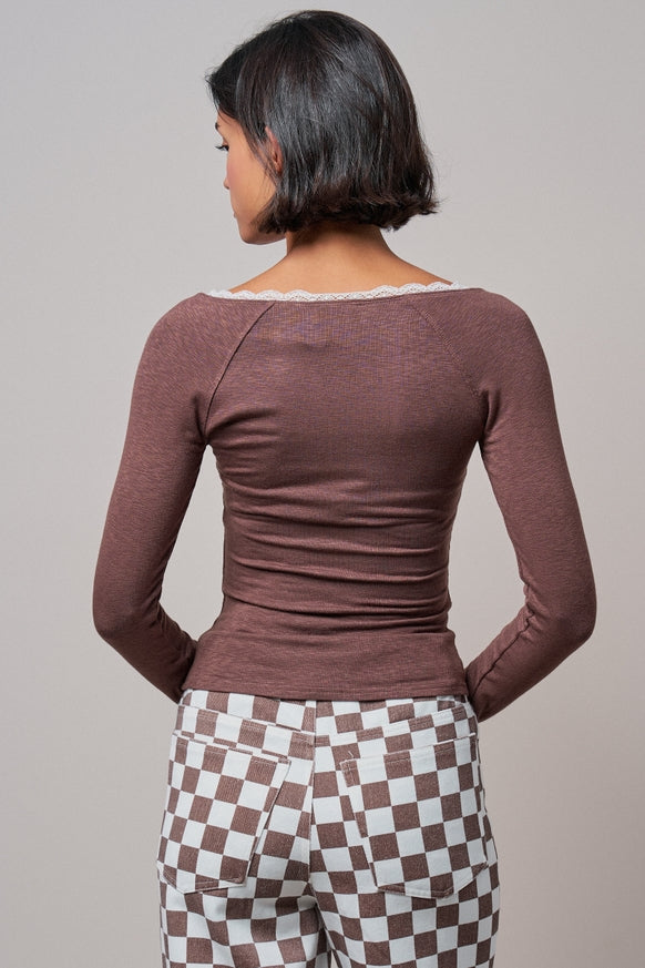 Urban Daizy - Lace Trim Slub Knit Henley Long Sleeve Top