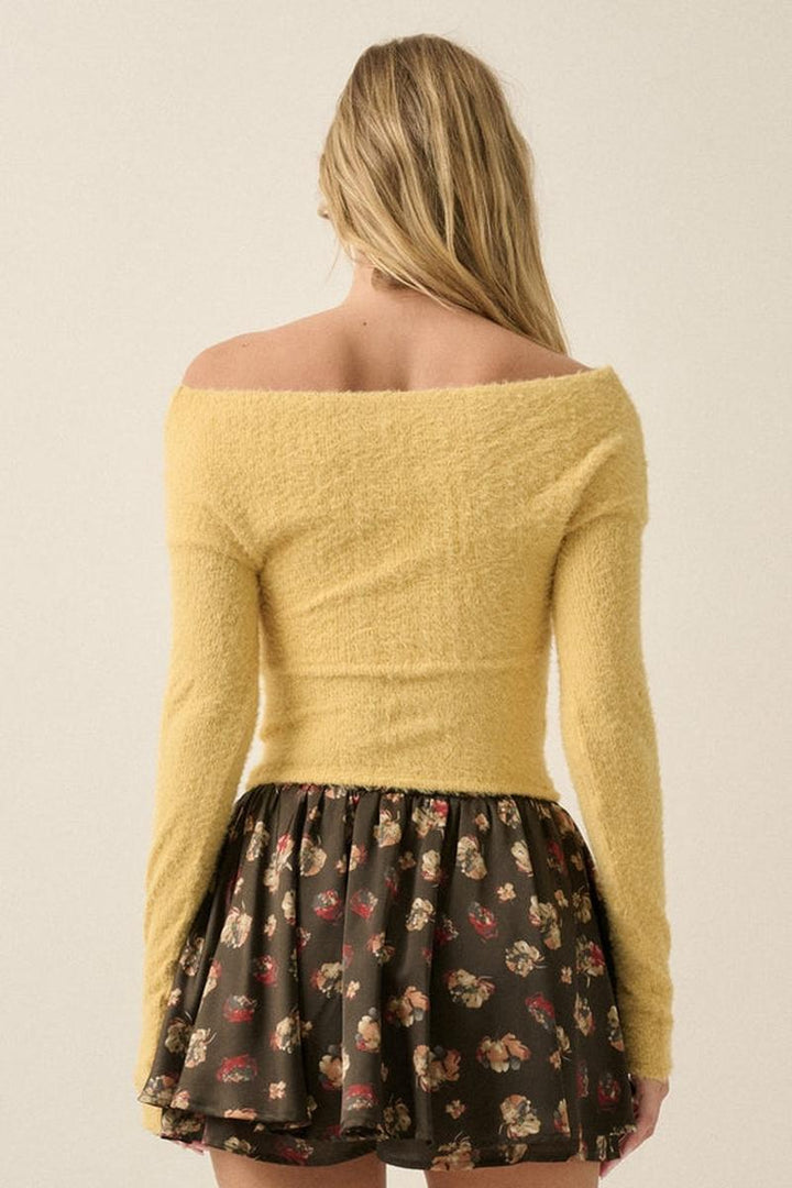 Promesa USA - Fuzzy Knit Crossover Off-Shoulder Long-Sleeve Crop Top
