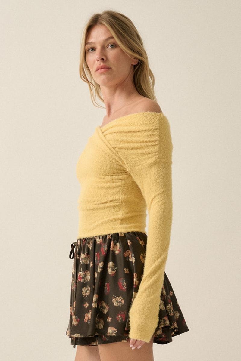 Promesa USA - Fuzzy Knit Crossover Off-Shoulder Long-Sleeve Crop Top