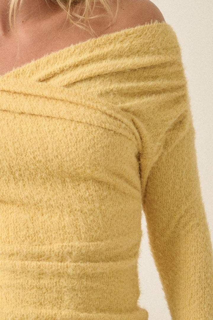 Promesa USA - Fuzzy Knit Crossover Off-Shoulder Long-Sleeve Crop Top