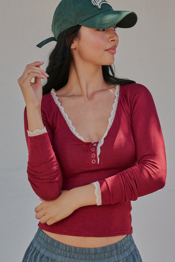 Urban Daizy - Lace Trim Slub Knit Henley Long Sleeve Top