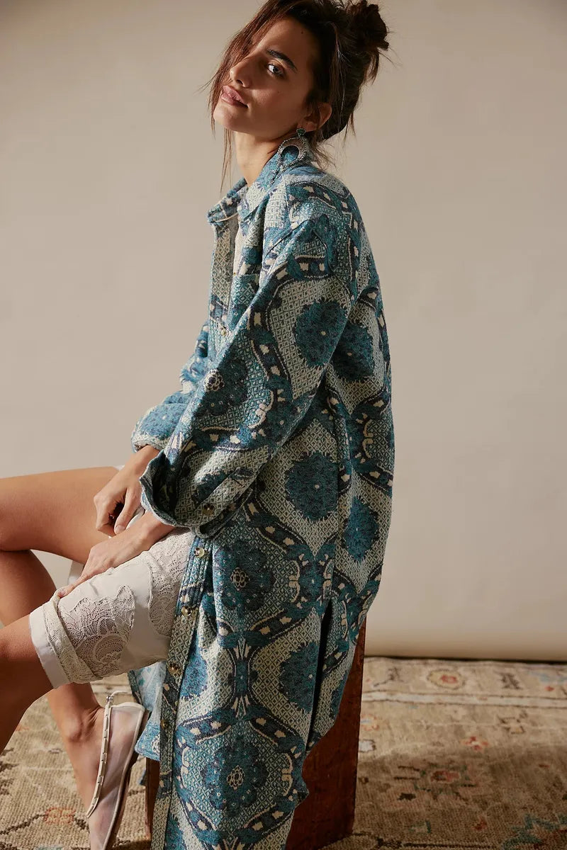 Free People - We The Free Brick Lane Jacquard Maxi Shirt Jacket in Blue Combo