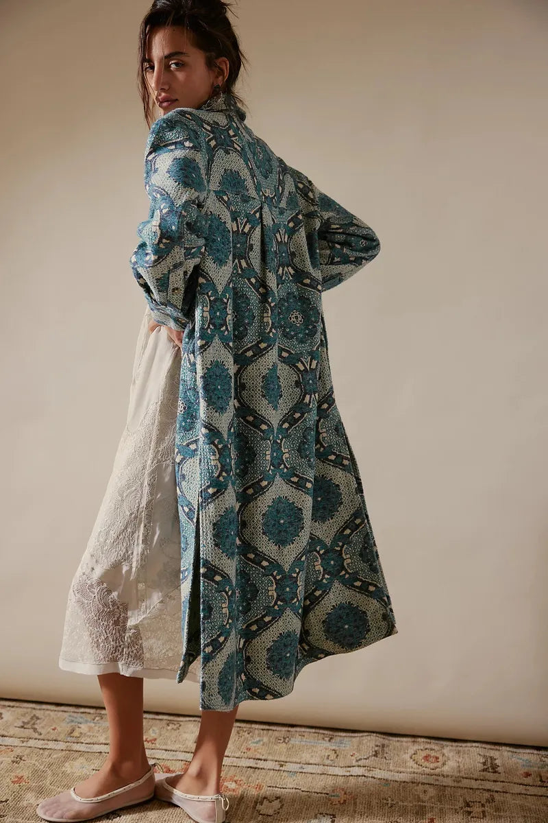 Free People - We The Free Brick Lane Jacquard Maxi Shirt Jacket in Blue Combo