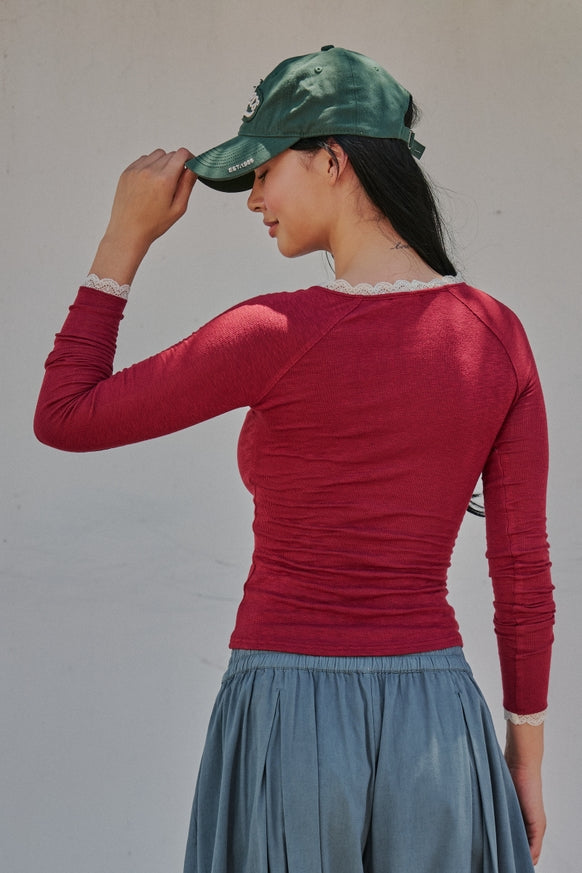 Urban Daizy - Lace Trim Slub Knit Henley Long Sleeve Top