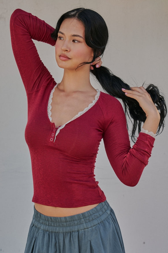 Urban Daizy - Lace Trim Slub Knit Henley Long Sleeve Top