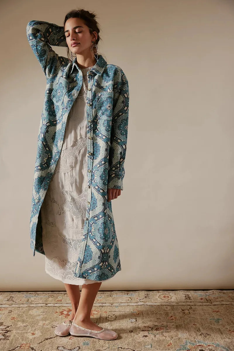 Free People - We The Free Brick Lane Jacquard Maxi Shirt Jacket in Blue Combo