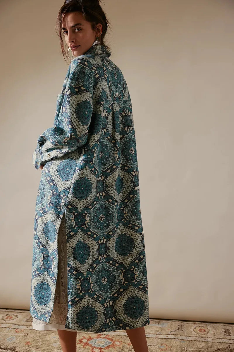 Free People - We The Free Brick Lane Jacquard Maxi Shirt Jacket in Blue Combo