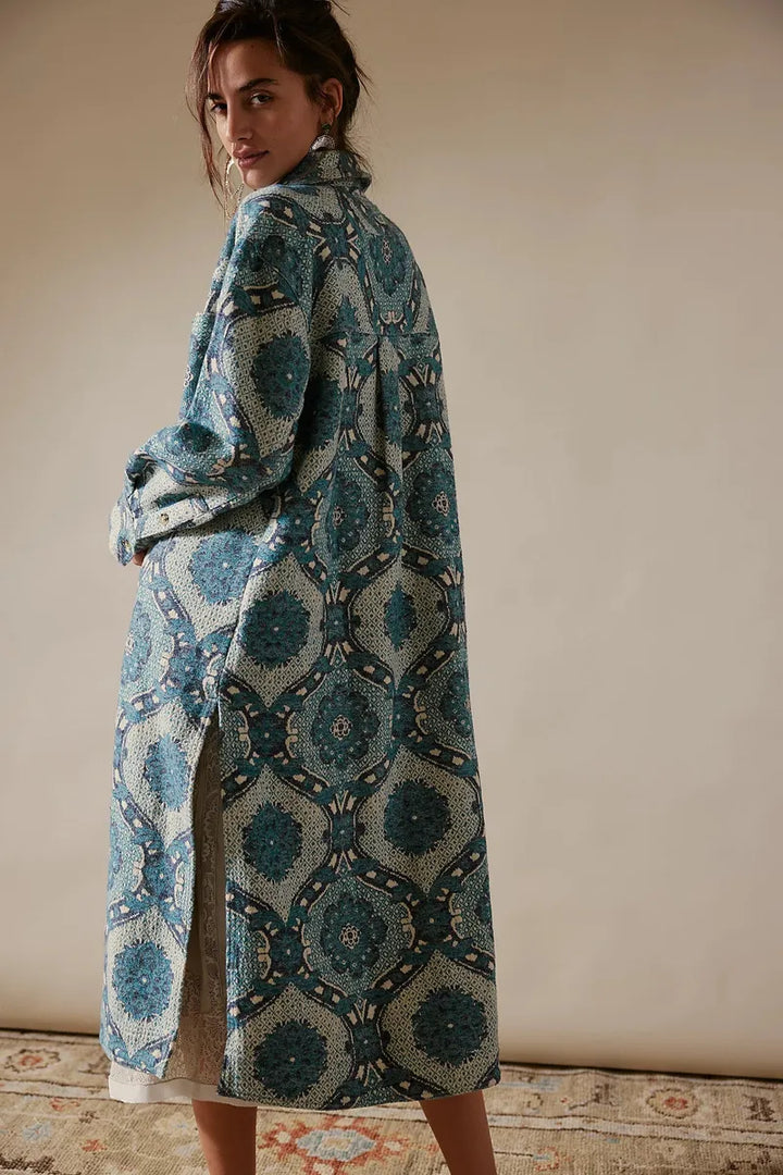 Free People - We The Free Brick Lane Jacquard Maxi Shirt Jacket in Blue Combo