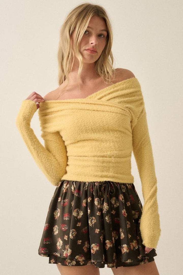 Promesa USA - Fuzzy Knit Crossover Off-Shoulder Long-Sleeve Crop Top