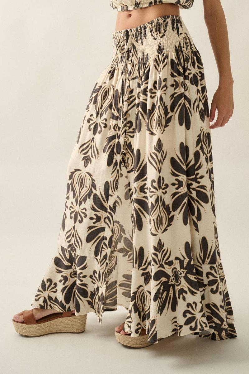 Promesa USA - Ornate Floral-Print Button-Front Drawstring Maxi Skirt