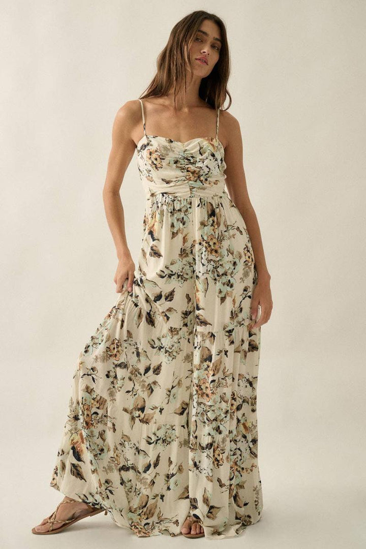 Promesa - Floral Crepe Wide-Leg Tiered Ruffle Cami Jumpsuit in Cream