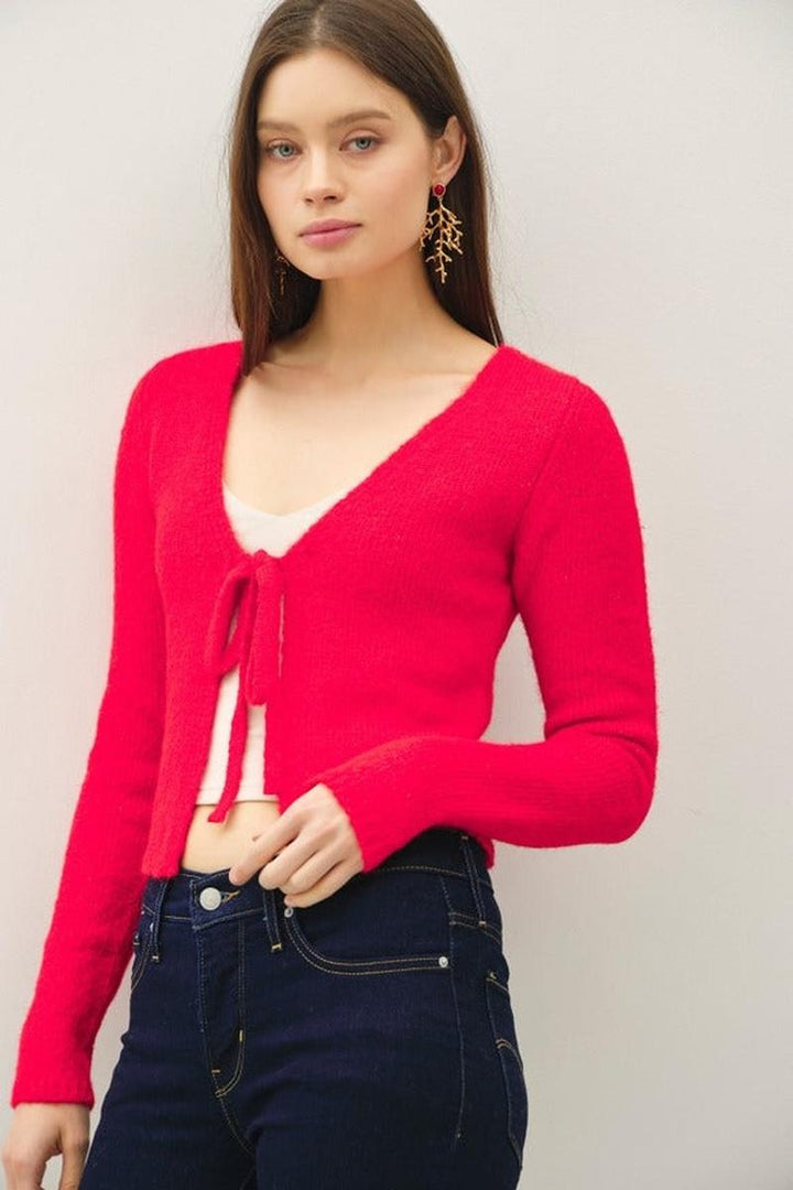 Be Cool - Ultra Soft Wooly Tie Detail Cardigan in Red