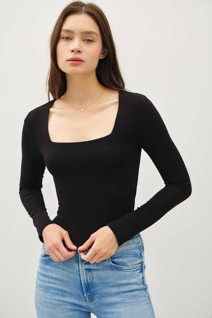 Be Cool - Soft Core Basic Square Neck Long Sleeve Top in Black
