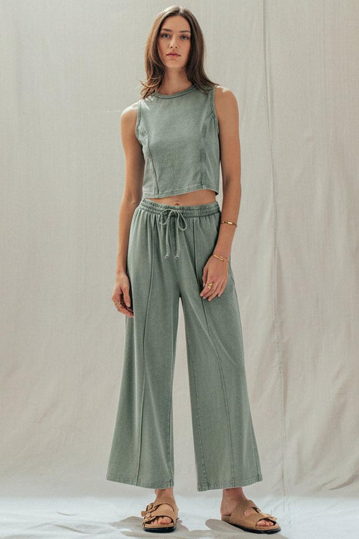 Urban Daizy - Mineral Wash Cotton Crop Tank & Wide Leg Pant Set in Sage Green