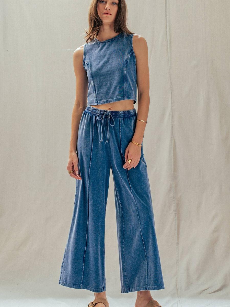 Urban Daizy - Mineral Wash Cotton Crop Tank & Wide Leg Pant Set in Navy