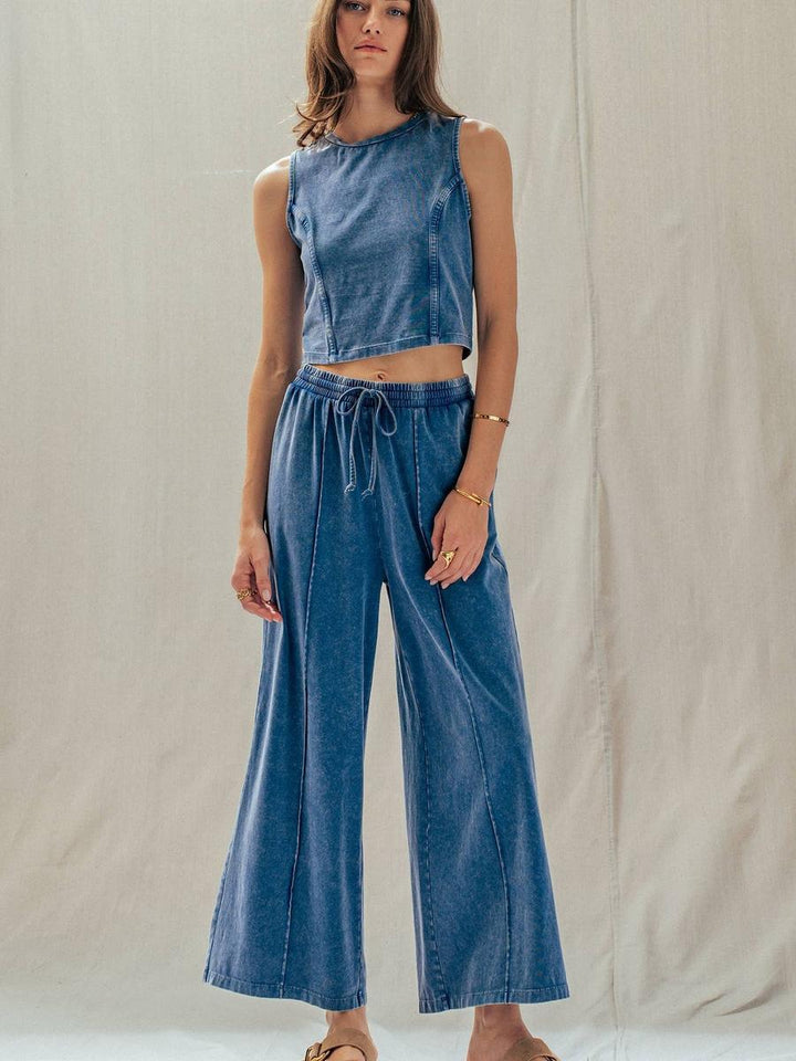 Urban Daizy - Mineral Wash Cotton Crop Tank & Wide Leg Pant Set in Navy