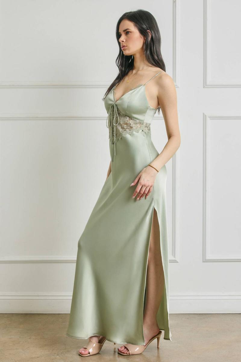 Dress Forum - Dull Satin Lace Detail Maxi Dress in Light Sage