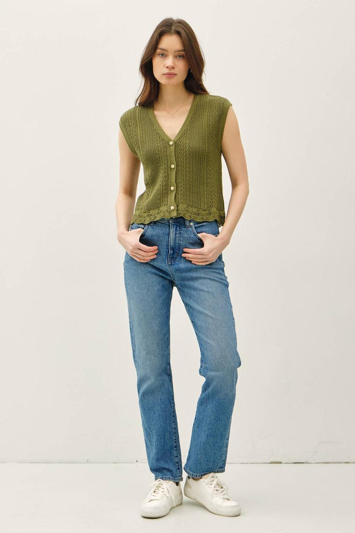 Be Cool -  Button Up Crochet Knit Tank in Moss