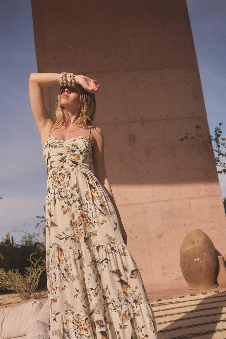Promesa - Floral Crepe Wide-Leg Tiered Ruffle Cami Jumpsuit in Cream
