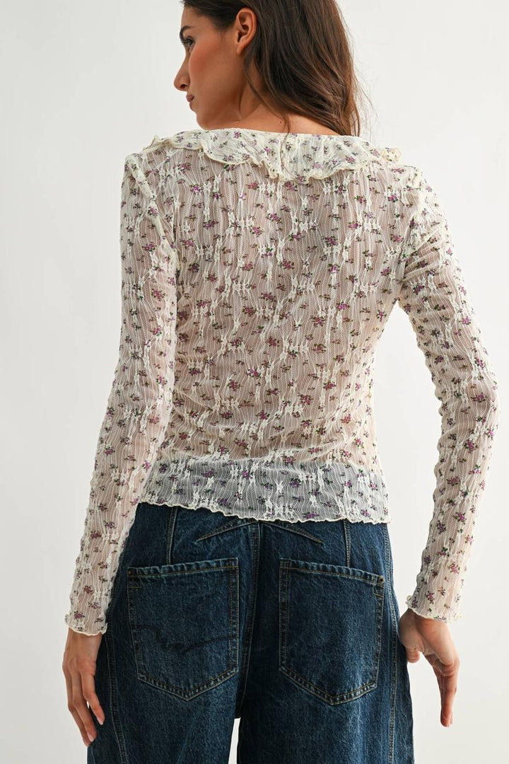 Camellia - Sheer Floral Lace Long Sleeve Blouse in Ivory/Purple