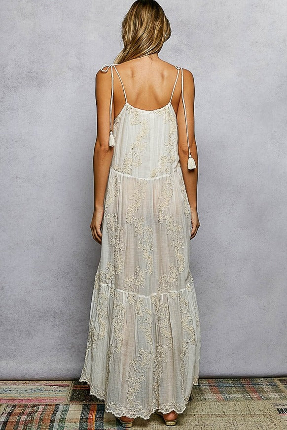 Pol Clothing - Sleeveless Round Neck Tassel Shoulder Tie Woven Maxi Dress