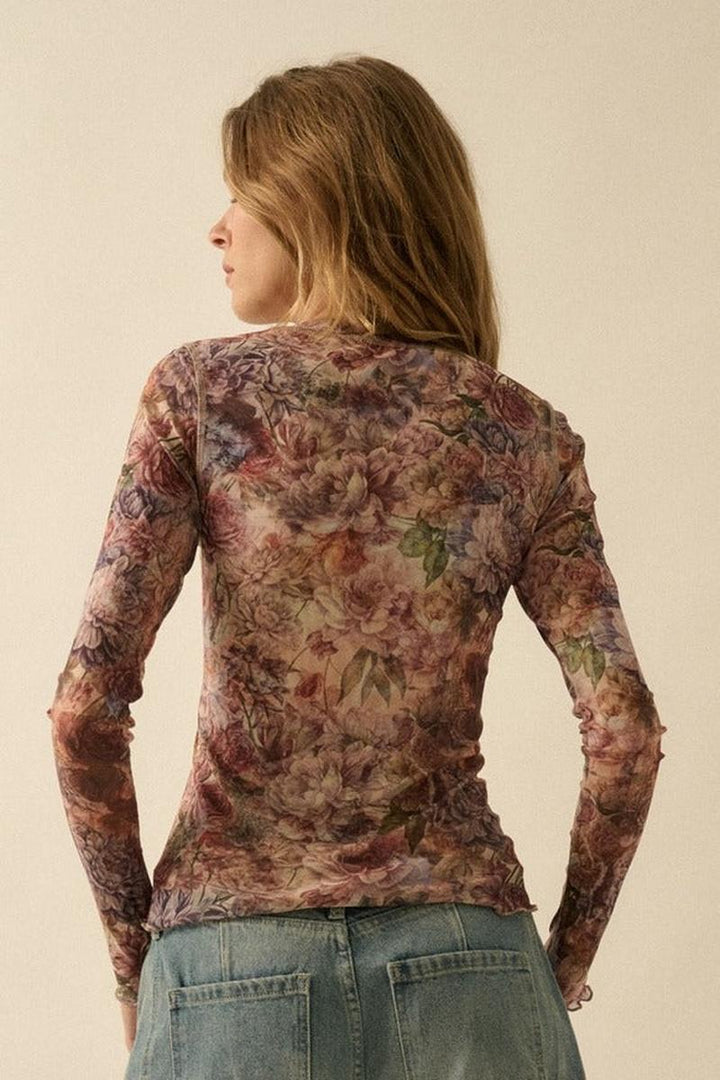 Promesa USA - Floral-Print Mesh Snap-Front Long-Sleeve Top
