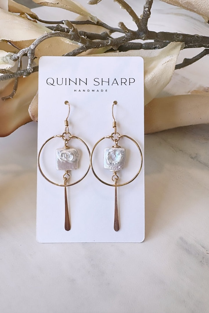 Quinn Sharp Handmade - Small Hoop Square Pearl Dangle in Gold