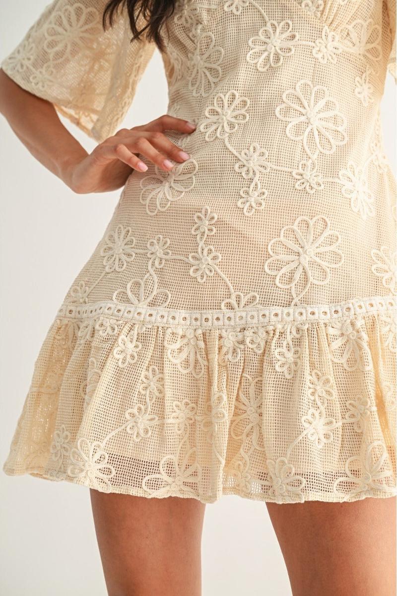 Camellia - Elegant Floral Lace Mini Dress in Cream