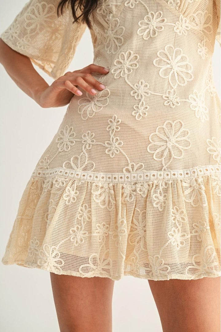Camellia - Elegant Floral Lace Mini Dress in Cream
